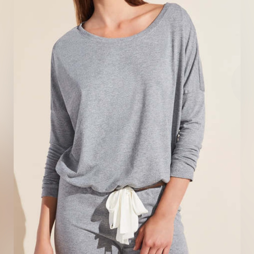 Eberjey L Gray Drawstring Hem Long Sleeve Slouchy Sleep Lounge Top
